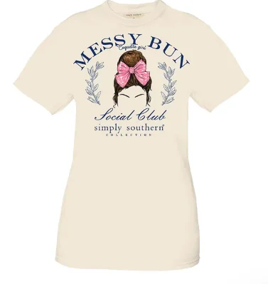 Simply Southern Women's Messy Bun Social Club Short Sleeve Shirt Elegant Button-Down Short Shirt Simply Southern Women's Messy Bun Social Club Short Sleeve Shirt Elegant Button-Down Short Shirt