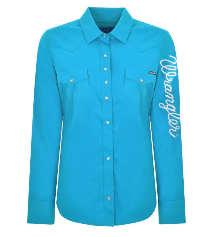 Wrangler Logo Rodeo LS Drill Shirt Stylish Split-Hem Short Shirt