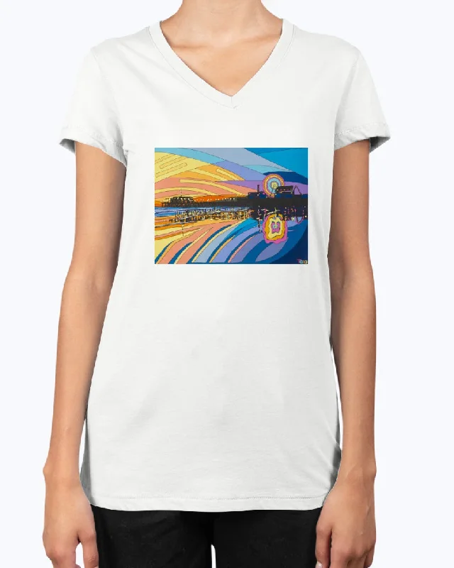 Santa Monica Pier - V Neck Tee Ribbed T-Shirt High Neck Heavyweight