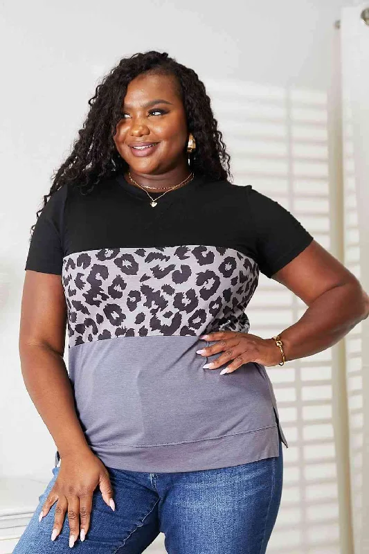 Double Take Leopard Print Color Block Short Sleeve T-Shirt Striped Floral Plaid