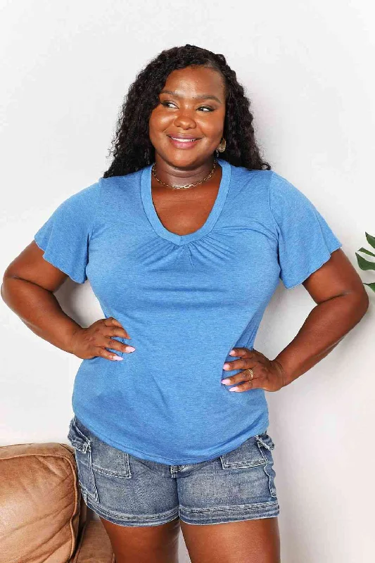 Double Take Ruched V-Neck Short Sleeve T-Shirt Polka Dot Checkered Tartan