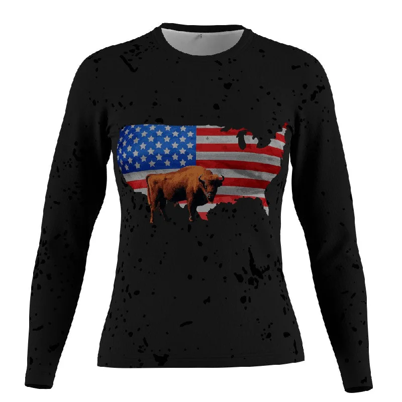 FMR USA Flag Women's Performance Long Sleeve T-Shirt Solid Print Embellished