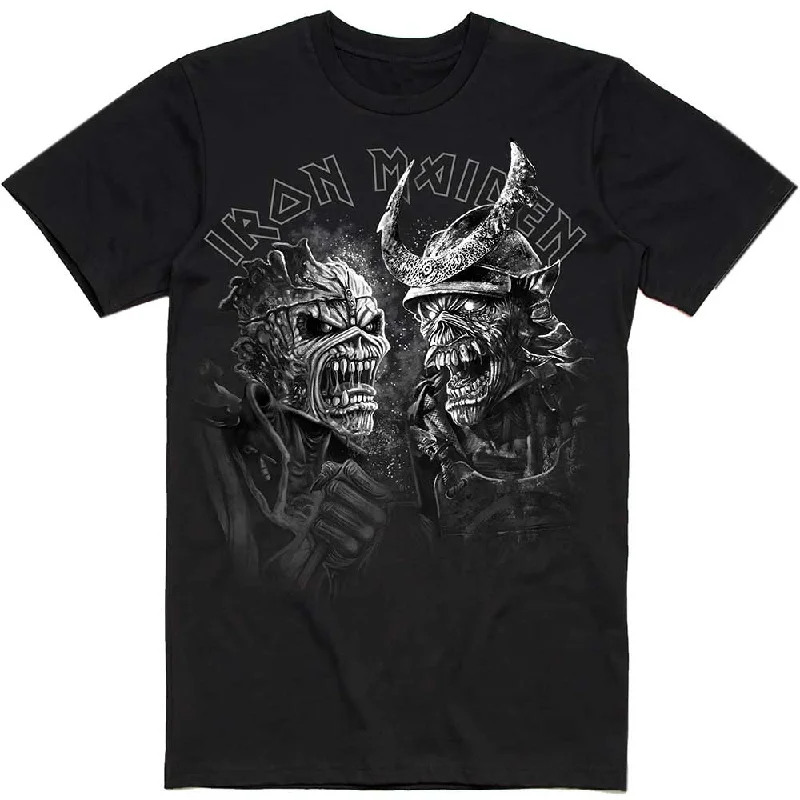Iron Maiden | Official Band T-shirt | Senjutsu Large Grayscale Heads Striped Floral Plaid