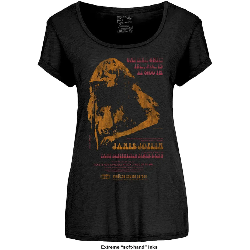 Janis Joplin Ladies Fashion T-Shirt: Madison Square Garden with Soft Hand Inks Fleece Nylon Spandex Janis Joplin Ladies Fashion T-Shirt: Madison Square Garden with Soft Hand Inks Fleece Nylon Spandex