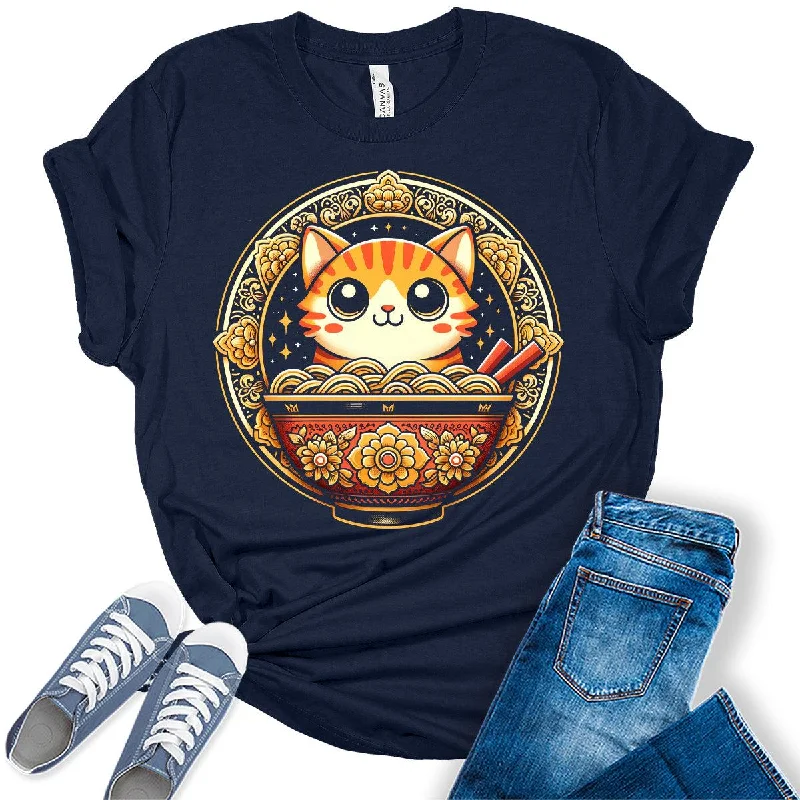 Ramen Cat Japanese Noodles Otaku Lover Graphic Tees for Women Solid Color Striped Floral Ramen Cat Japanese Noodles Otaku Lover Graphic Tees for Women Solid Color Striped Floral