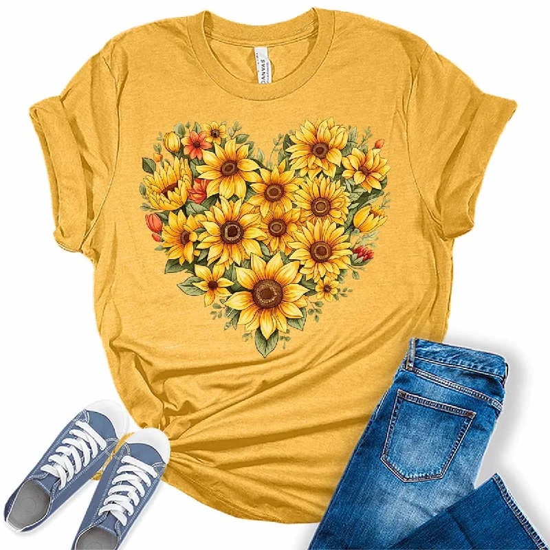Sunflower Floral Heart Summer Womens Graphic Tee Polka Dot Checkered Tartan