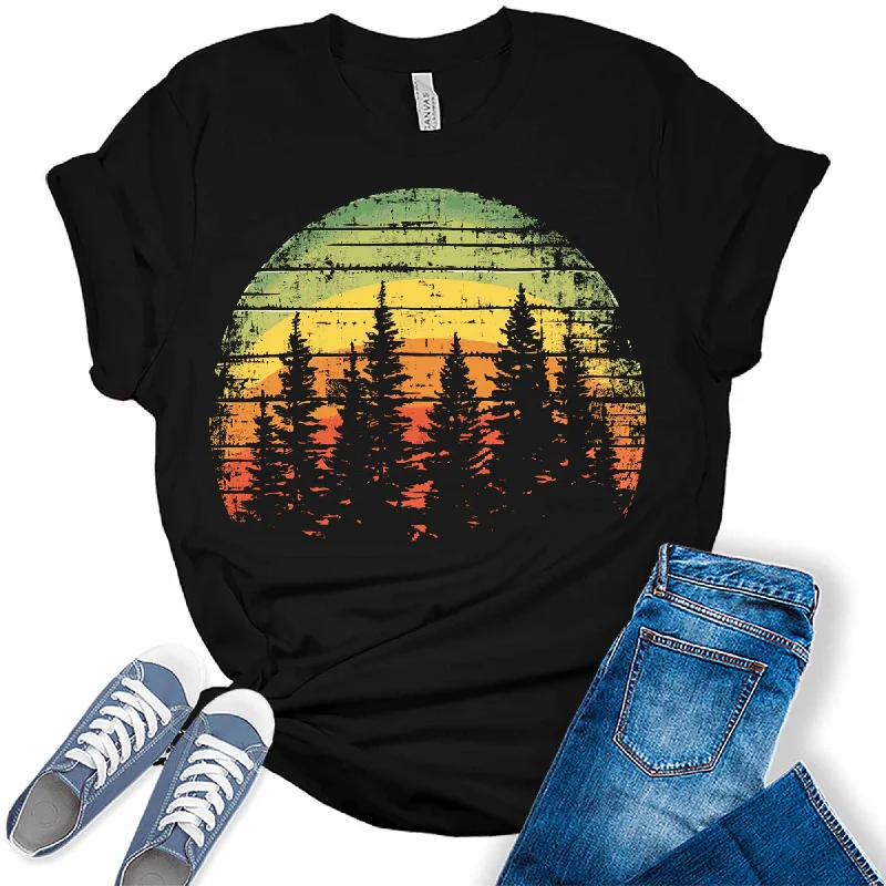 Trendy Hiking Pine Trees Sunset Womens Graphic Tees Striped Floral Plaid