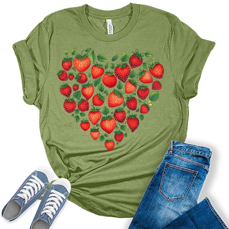 Trendy Strawberry Heart Graphic Tees For Women Notch Collar Peter Pan Collar Cowl Neck Trendy Strawberry Heart Graphic Tees For Women Notch Collar Peter Pan Collar Cowl Neck