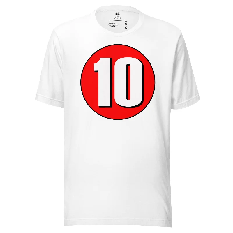 Unisex t-shirt: White on Red 10 Collared Crew Neck Turtle Neck