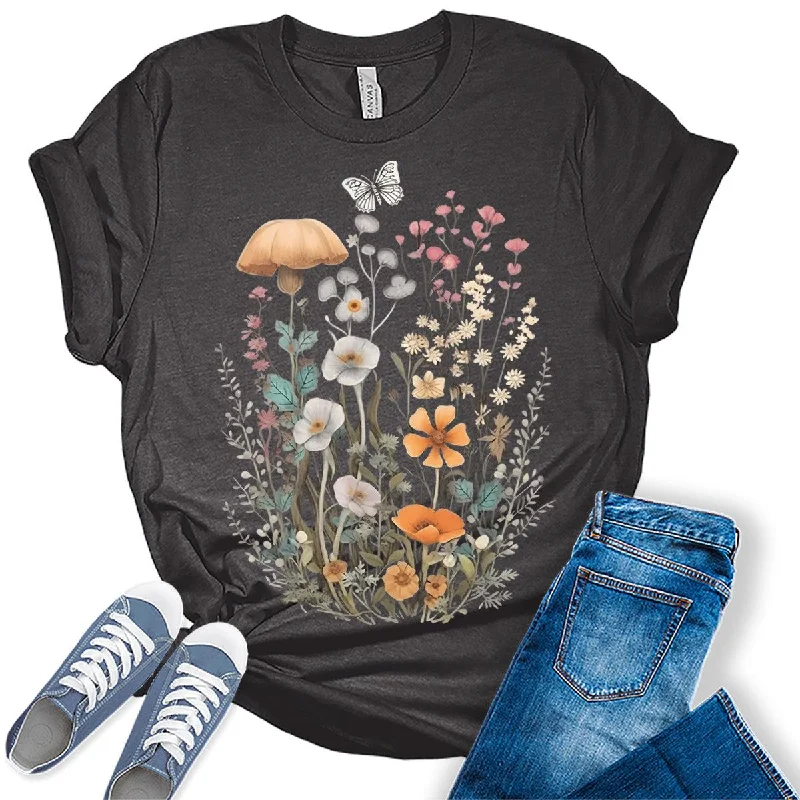 Wildflower Floral Flowercore Mushroom Butterfly T-shirt For Women Spandex Blend Rayon Blend Denim Blend Wildflower Floral Flowercore Mushroom Butterfly T-shirt For Women Spandex Blend Rayon Blend Denim Blend