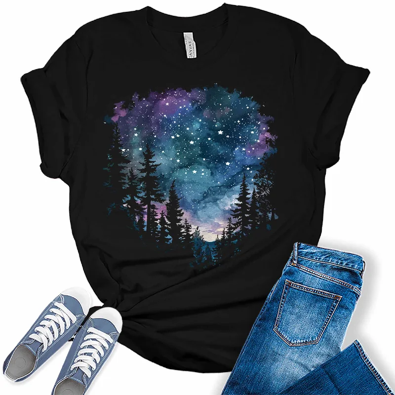 Women's Camping Northern Lights Night Sky Forest Graphic Tees Solid Print Embellished Women's Camping Northern Lights Night Sky Forest Graphic Tees Solid Print Embellished