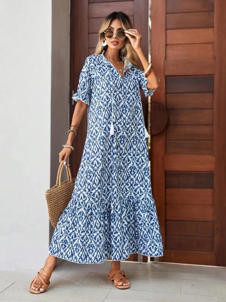 2024 Sping Summer Boho Women Maxi Dress Casual Short Sleeve A-line Flounce Beach Woman Chiffon Dresses Floral Vestidoes Mujer Stylish Long Sleeve Maxi Dress