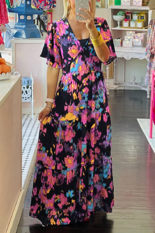 Abstract Floral Pattern Flutter Sleeve Tiered Maxi Dress Fashionable Asymmetrical Maxi Dress Abstract Floral Pattern Flutter Sleeve Tiered Maxi Dress Fashionable Asymmetrical Maxi Dress
