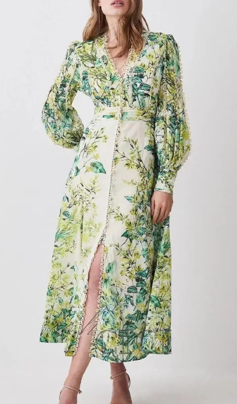 GREEN FLORAL PRINTED MAXI DRESS Trendy Button Front Maxi Dress