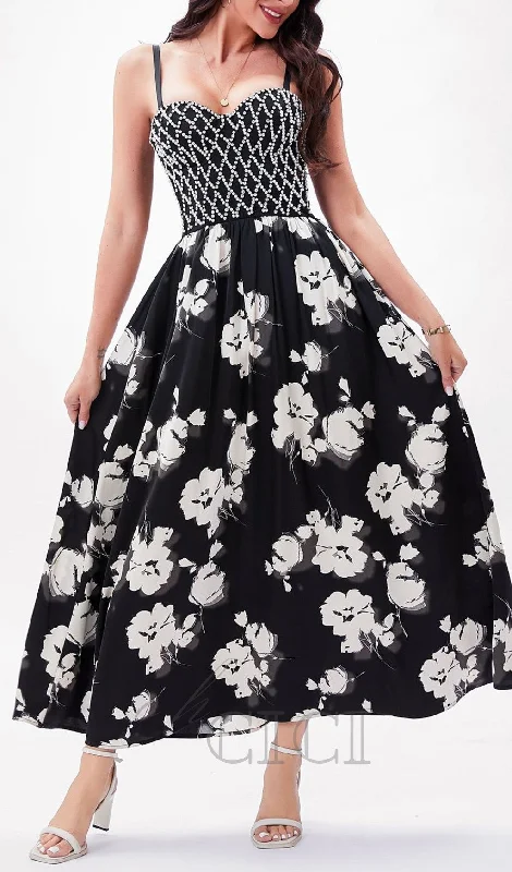 BLACK BEAD FLORAL MAXI DRESS Trendy Floral Print Maxi Dress