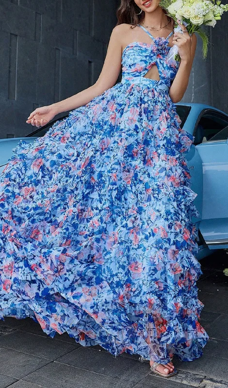 BLUE FLORAL MAXI DRESS Comfortable Ruffle Maxi Dress