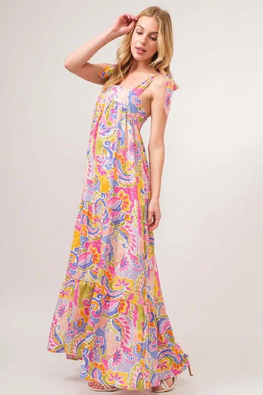 Printed Tie Shoulder Tiered Maxi Dress Elegant Pleated Maxi Dress