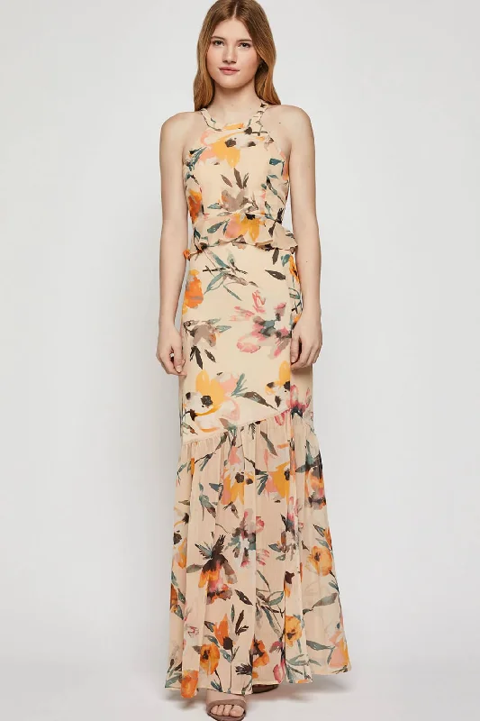 Abstract Florals Halter Maxi Dress Fashionable Chiffon Maxi Dress