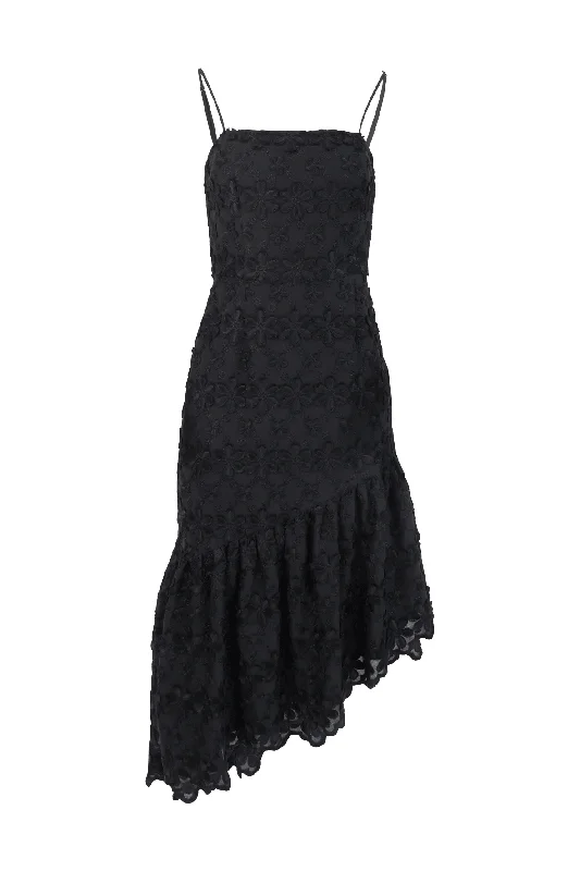Black Asymmetrical Maxi Dress With Floral Embroidery Elegant Maxi Dress with Lace