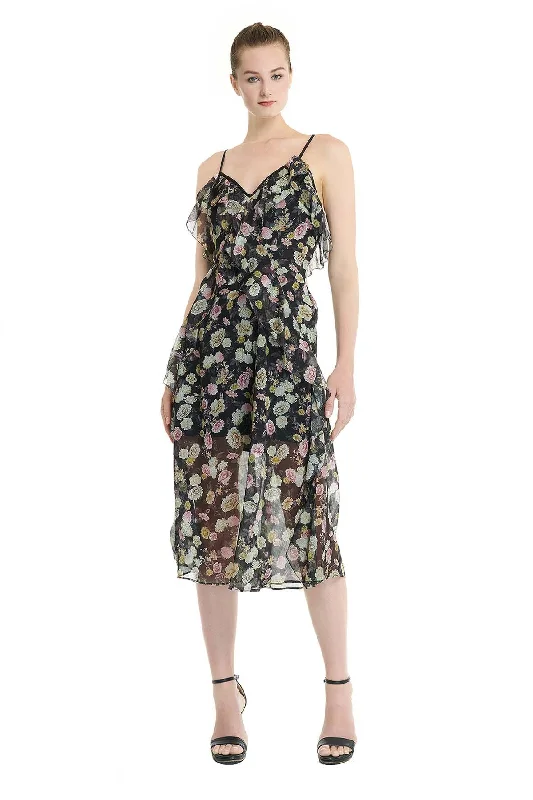 Black Ruffled Maxi Dress With Multicolour Floral Prints Fashionable Sleeveless Maxi Dress