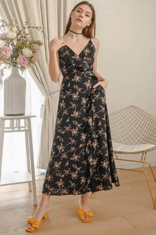 Billow Floral Black Wrap Maxi Dress Comfortable Plunging Neckline Maxi Dress