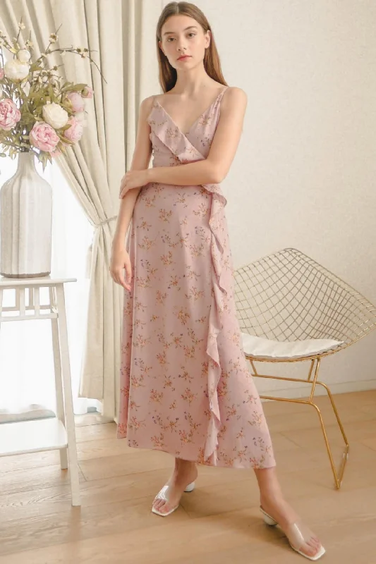 Billow Floral Dusty Pink Wrap Maxi Dress Stylish Pleated A-Line Maxi Dress