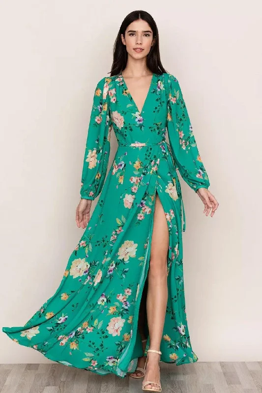 Green Maxi Dress With Floral Prints Trendy Maxi Dress with Lace