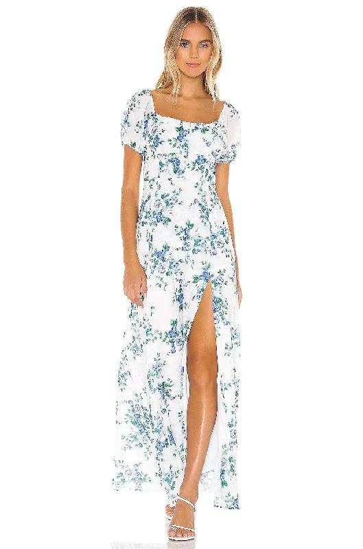 White Maxi Dress With Floral Prints Comfortable Satin Maxi Dress
