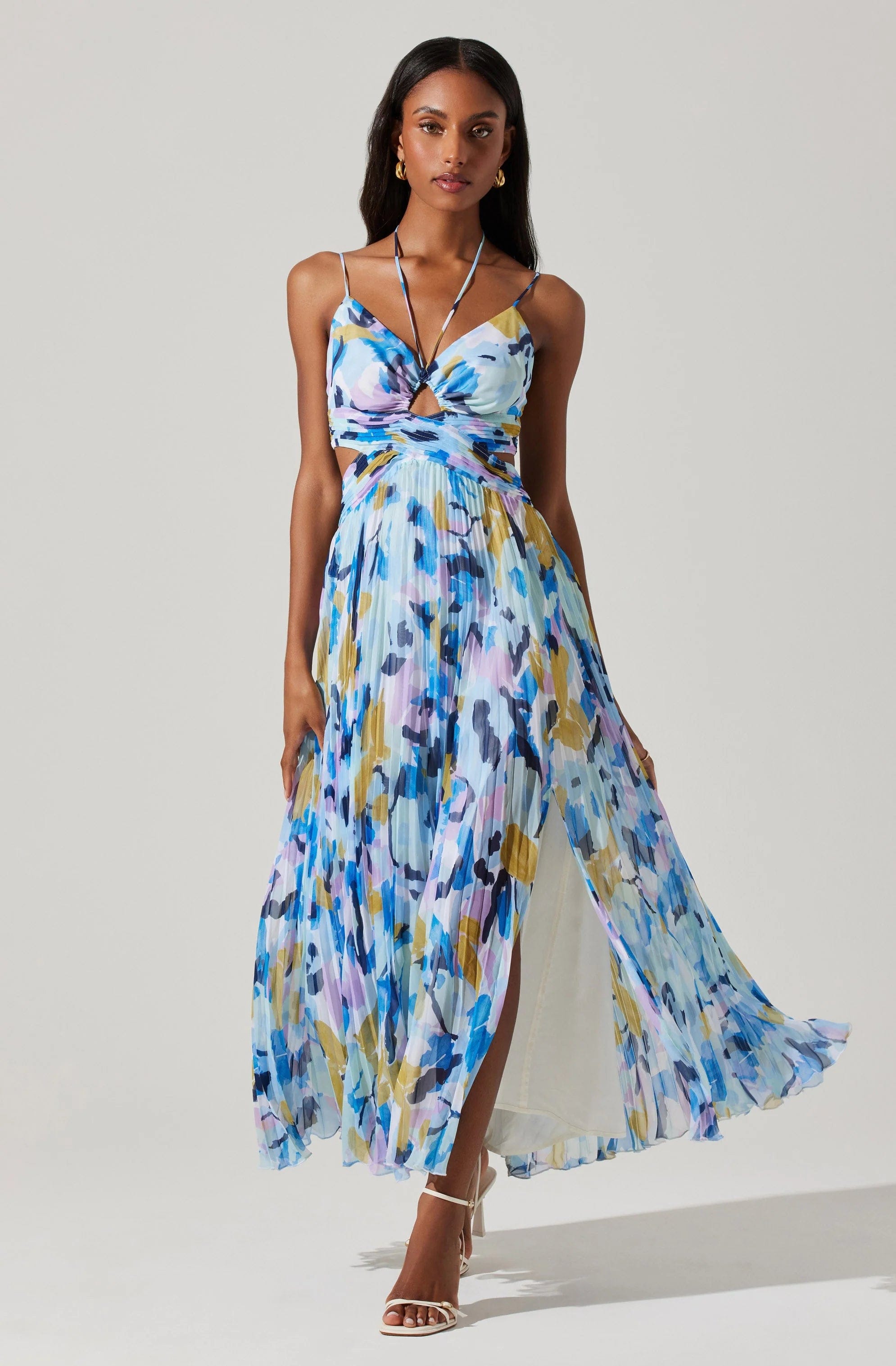 Aquata Floral Pleated Maxi Dress Trendy Fit-and-Flare Maxi Dress