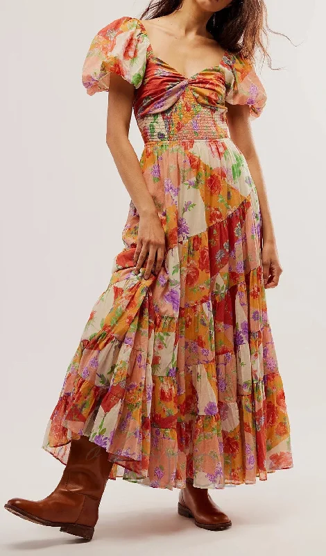 PUFF SLEEVE FLORAL PRINTED MAXI DRESS Stylish Longline Maxi Dress