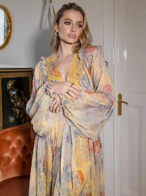 Bandage Chiffon Women Long Dresses Floral Long Sleeve Pleated Boho Beach Dress Sexy Wrap Maxi Dresses For Women Summer Comfortable Flowy Maxi Dress Bandage Chiffon Women Long Dresses Floral Long Sleeve Pleated Boho Beach Dress Sexy Wrap Maxi Dresses For Women Summer Comfortable Flowy Maxi Dress