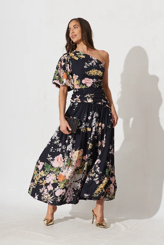 Berlyn One Shoulder Maxi Dress Black With Pink Floral Elegant Maxi Dress with Ruffles Berlyn One Shoulder Maxi Dress Black With Pink Floral Elegant Maxi Dress with Ruffles
