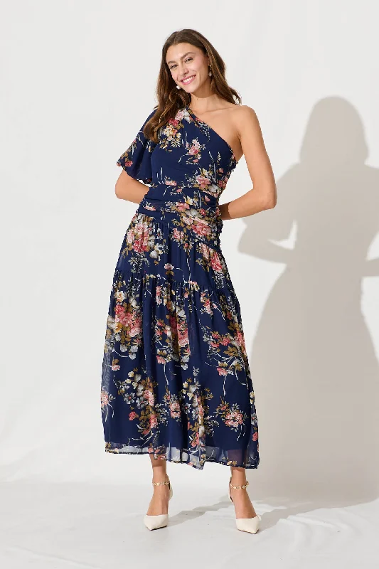 Berlyn One Shoulder Maxi Dress In Navy Floral Chiffon Elegant Lace Maxi Dress