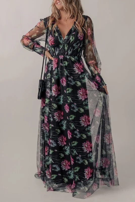 Black Mesh Sheer Shirred High Waist Floral Maxi Dress Cozy Spaghetti Strap Maxi Dress Black Mesh Sheer Shirred High Waist Floral Maxi Dress Cozy Spaghetti Strap Maxi Dress