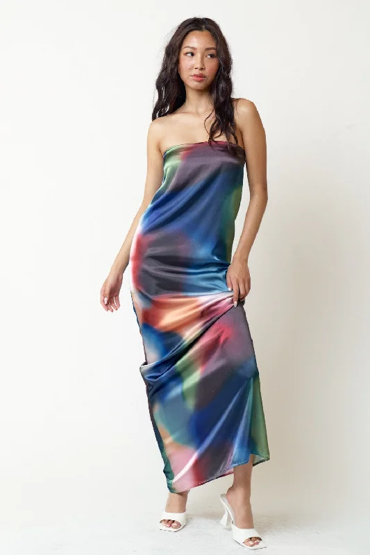 Long Strapless Multicolor Print Maxi Dress Fashionable High-Low Maxi Dress