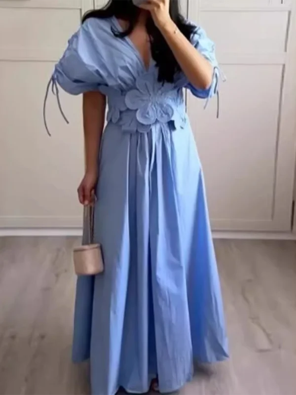 Blue Zone Planet | V-neck Puffy Sleeves Tie Waist 3D Flower Maxi Dress Cozy Longline Maxi Dress Blue Zone Planet | V-neck Puffy Sleeves Tie Waist 3D Flower Maxi Dress Cozy Longline Maxi Dress