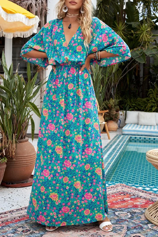 Boho Deep V Neck Floral Maxi Dress Cozy Ribbed Maxi Dress