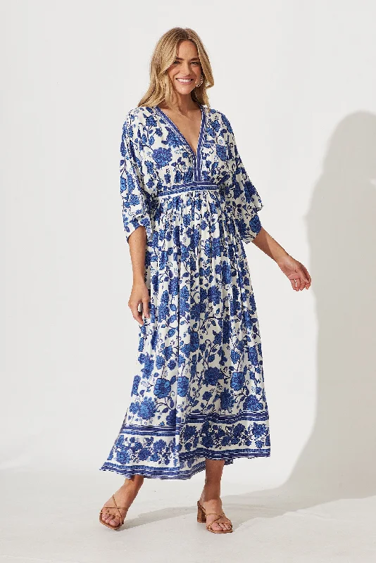 Break Free Maxi Dress In Cream With Blue Floral Border Print Classic Tulle Maxi Dress Break Free Maxi Dress In Cream With Blue Floral Border Print Classic Tulle Maxi Dress