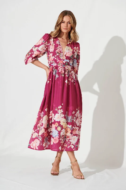 Camie Maxi Dress In Magenta With Blush Floral Cozy Spaghetti Strap Maxi Dress
