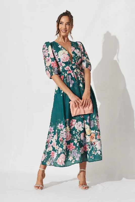 Camille Maxi Dress In Teal With Orange Floral Elegant Maxi Dress with Slit