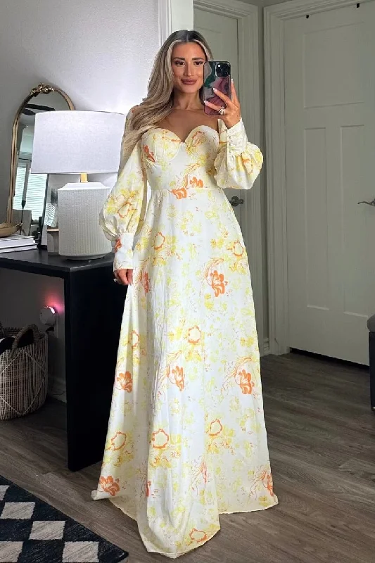 Chasing Daisies Floral Maxi Dress: White/Yellow Comfortable Long-Sleeve Maxi Dress