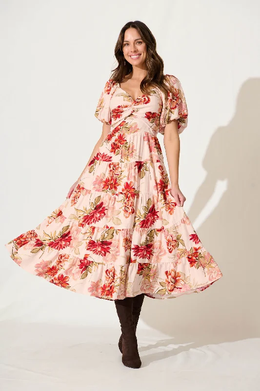 Costello Maxi Dress In Pink With Multi Floral Linen Blend Comfortable Satin Maxi Dress