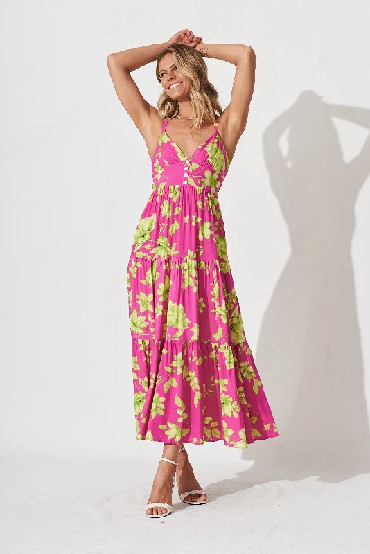 Delanie Maxi Dress In Pink With Green Floral Classic V-Neck Maxi Dress