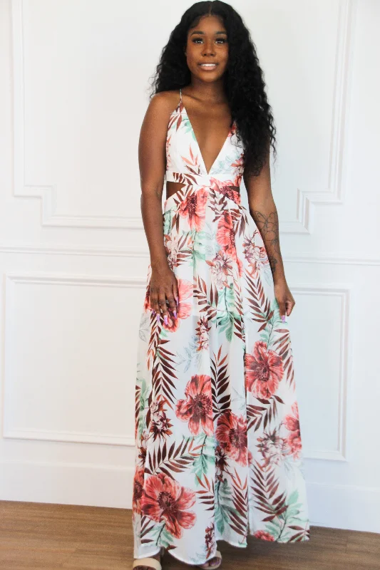Destination Darling Cutout Maxi Dress: White Multi Comfortable Ruffle Maxi Dress