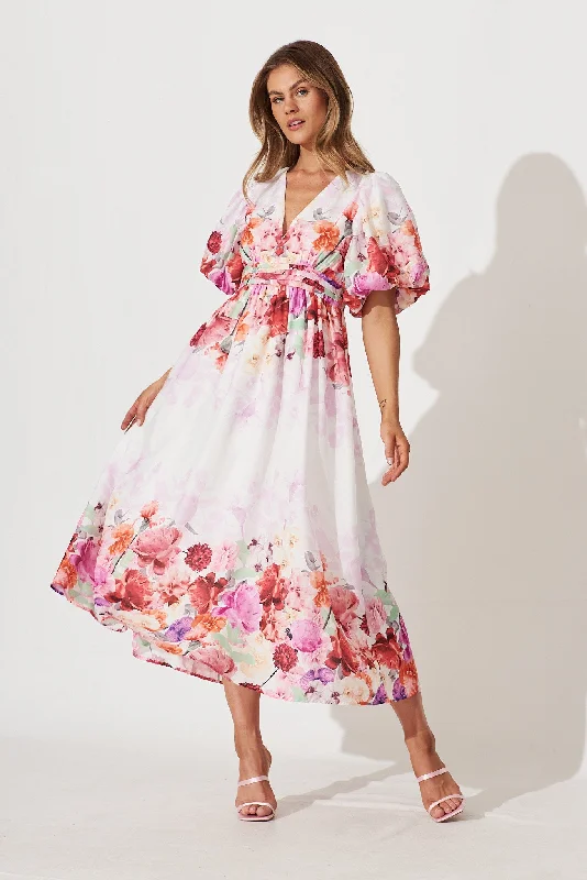Divine Maxi Dress In White With Pink Multi Floral Print Stylish Pleated A-Line Maxi Dress Divine Maxi Dress In White With Pink Multi Floral Print Stylish Pleated A-Line Maxi Dress