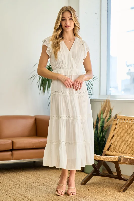 Lace Trim Surplice Neck Tiered Maxi Dress Comfortable Fitted Maxi Dress
