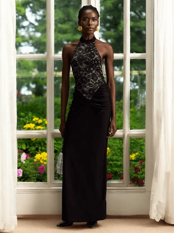 Dora Black Floral Lace Maxi Dress Comfortable Maxi Dress with Belt