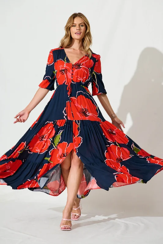 Emilia Maxi Dress In Navy With Red Floral Trendy Floral Print Maxi Dress