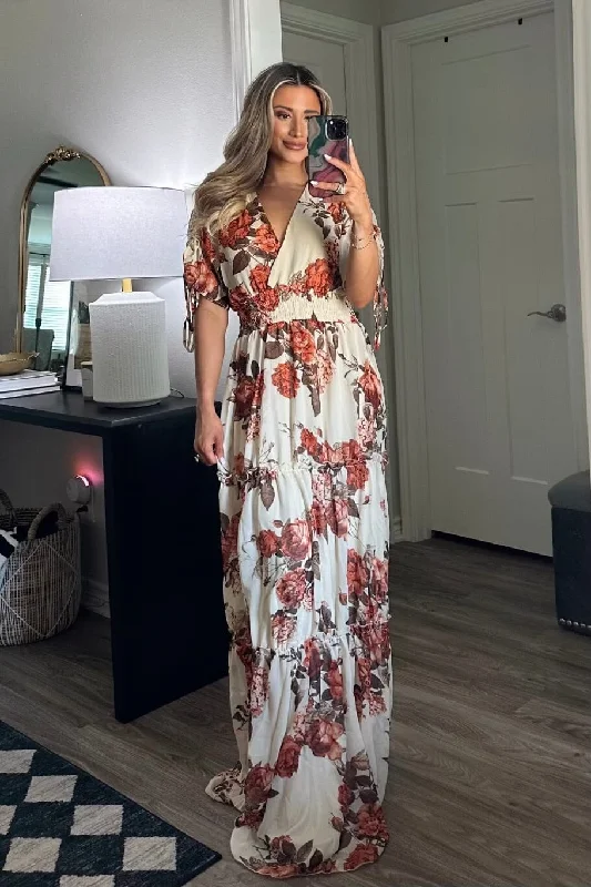 Fall Florals Maxi Dress: Cream Multi Comfortable Ruffle Hem Maxi Dress