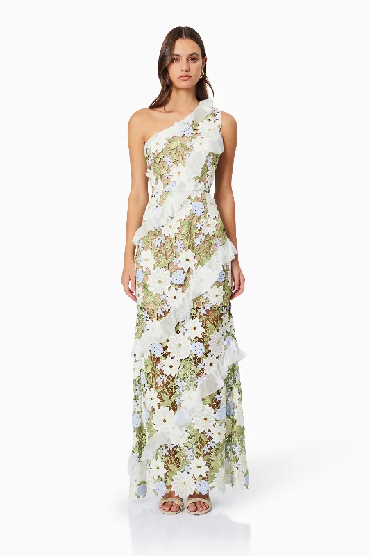 Flora One Shoulder Lace Maxi Dress in Green Stylish V-Neck Maxi Dress